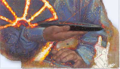 TRANSFER - The thin red line, Diptychon , Malerei -  Linker Teil: Pigmente, Acryl, Kreidegrund/ Jute unter Plexiglas, Rechter Teil: Pigmente, Acryl, Feuer/ Papier unter Plexiglas, 120x80 cm